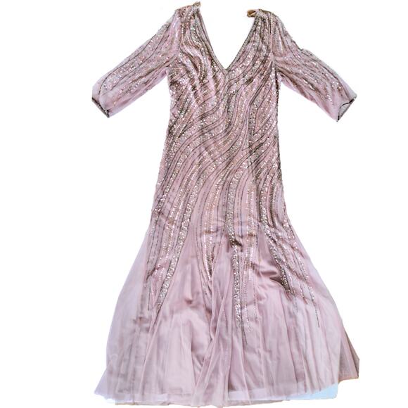 Adrianna Papell Beaded Tulle Maxi Dress 14 Dusted Petal Pink Formal Gown 3/4 Slv - Picture 12 of 13